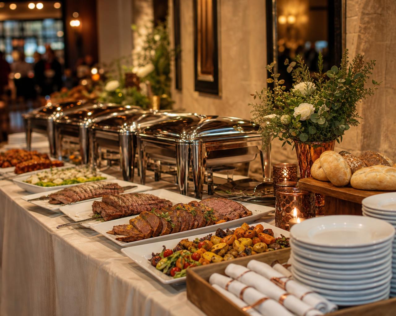 Event buffet with stainless-steel chafing dishes, carved meats, salads and breads