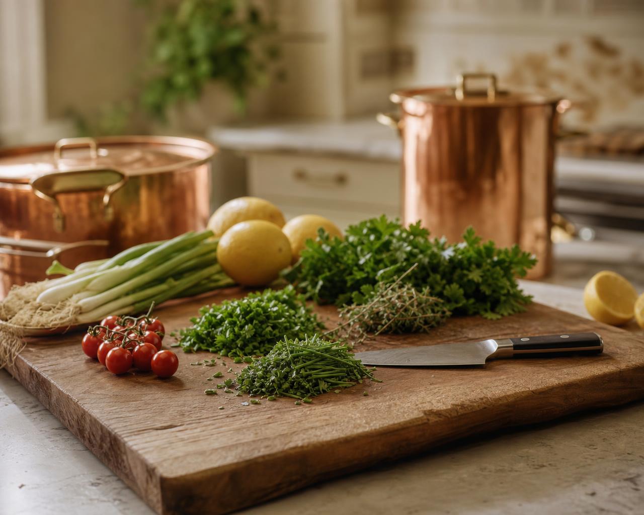 Chopped fresh herbs, spring onions and lemons on a wooden board with copper pans behind