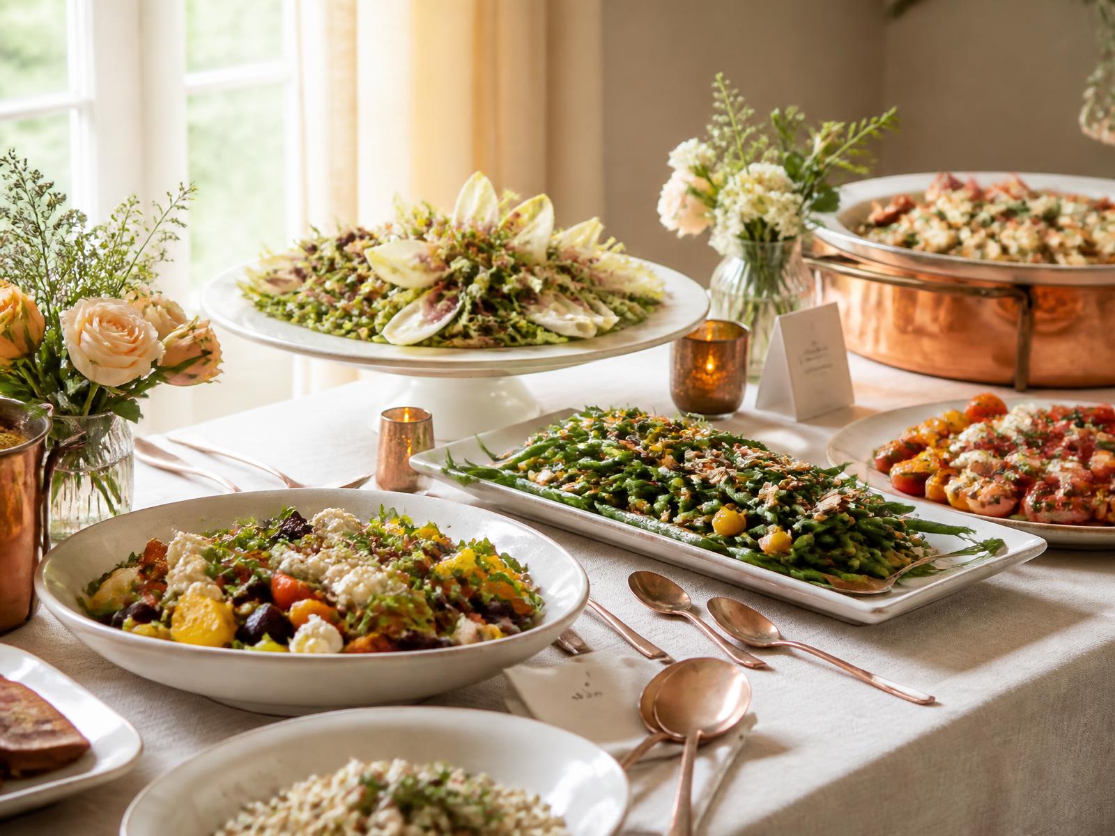 Elegant catering buffet spread with copper serving details