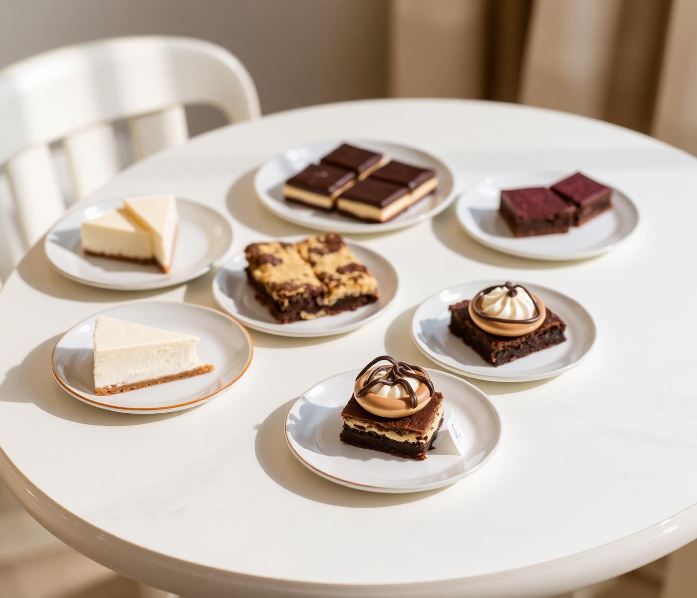 Cheesecake slices, blondies, brownies and pavlova nests on ceramic plates