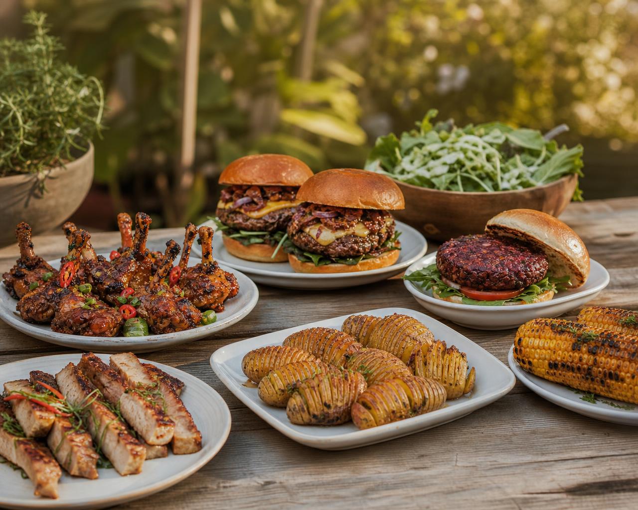 Barbecue spread of chicken lollipops, burger, loaded corn and salads