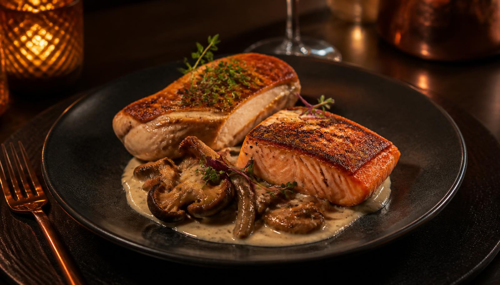 Plated bistro chicken supreme and salmon with wild mushroom cream