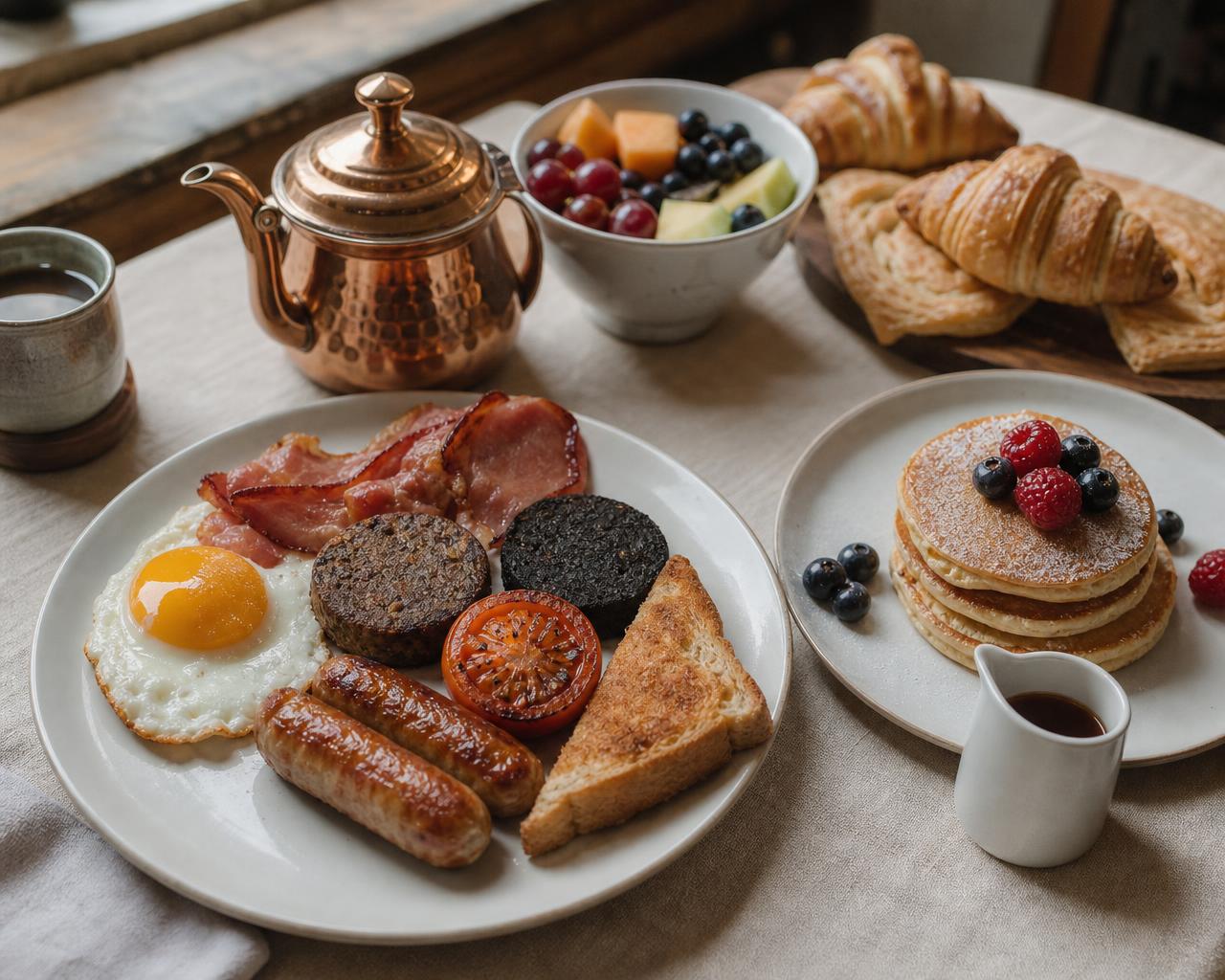 Traditional Irish fry, pancake stack and continental breakfast board