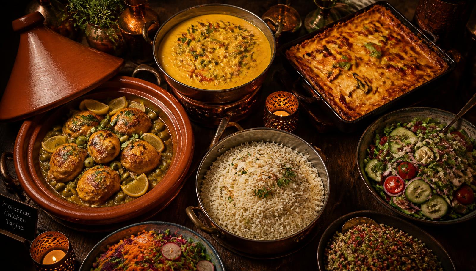 Premium buffet spread of tagine, curry, lasagna, rice and salads