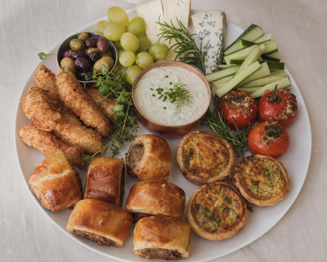 Party platter of sausage rolls, chicken goujons, mini quiches, cheese and crudités with dip