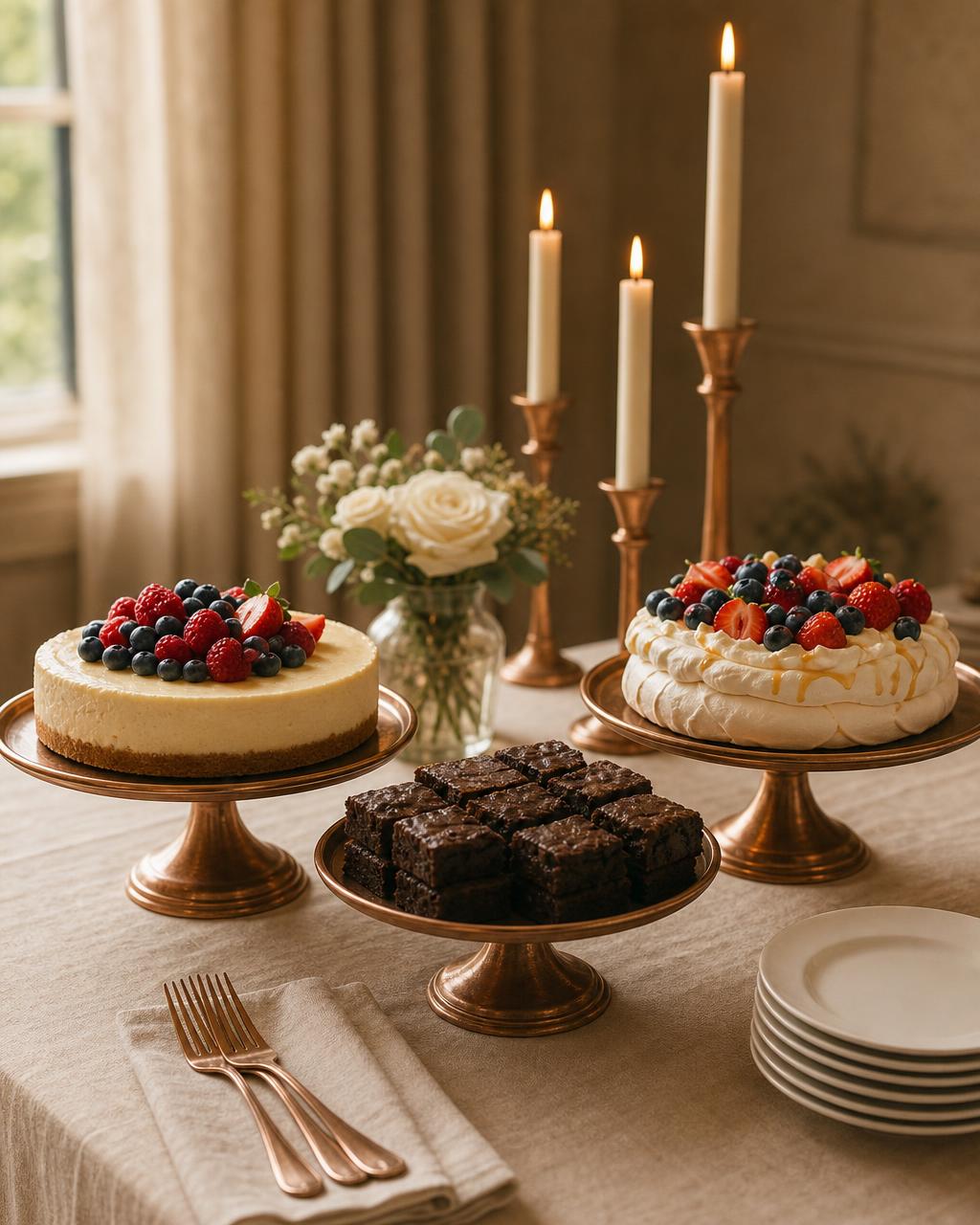 Dessert table with a berry-topped cheesecake, chocolate brownies and pavlova on copper cake stands