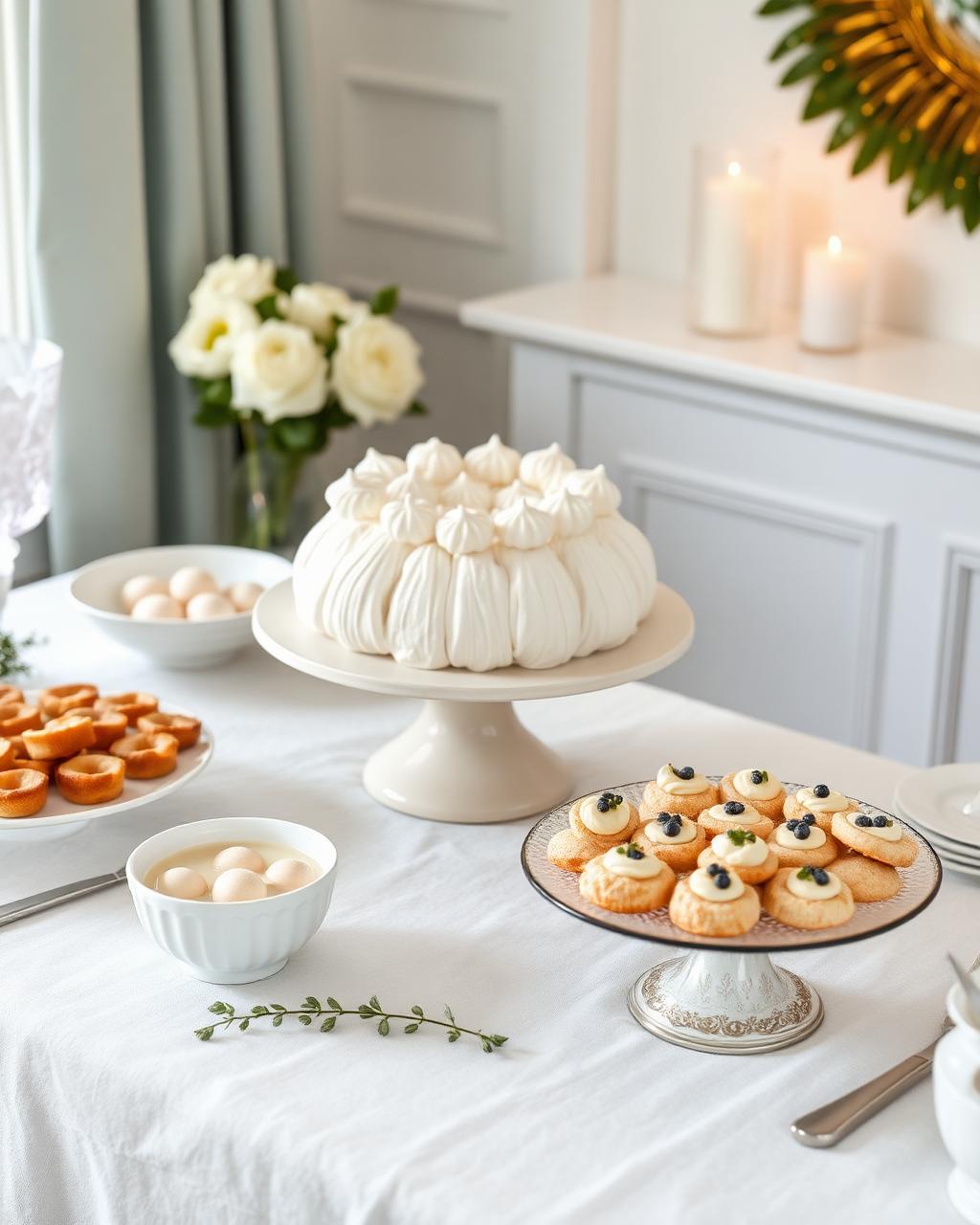 Cream and white celebration spread with pavlova and finger food