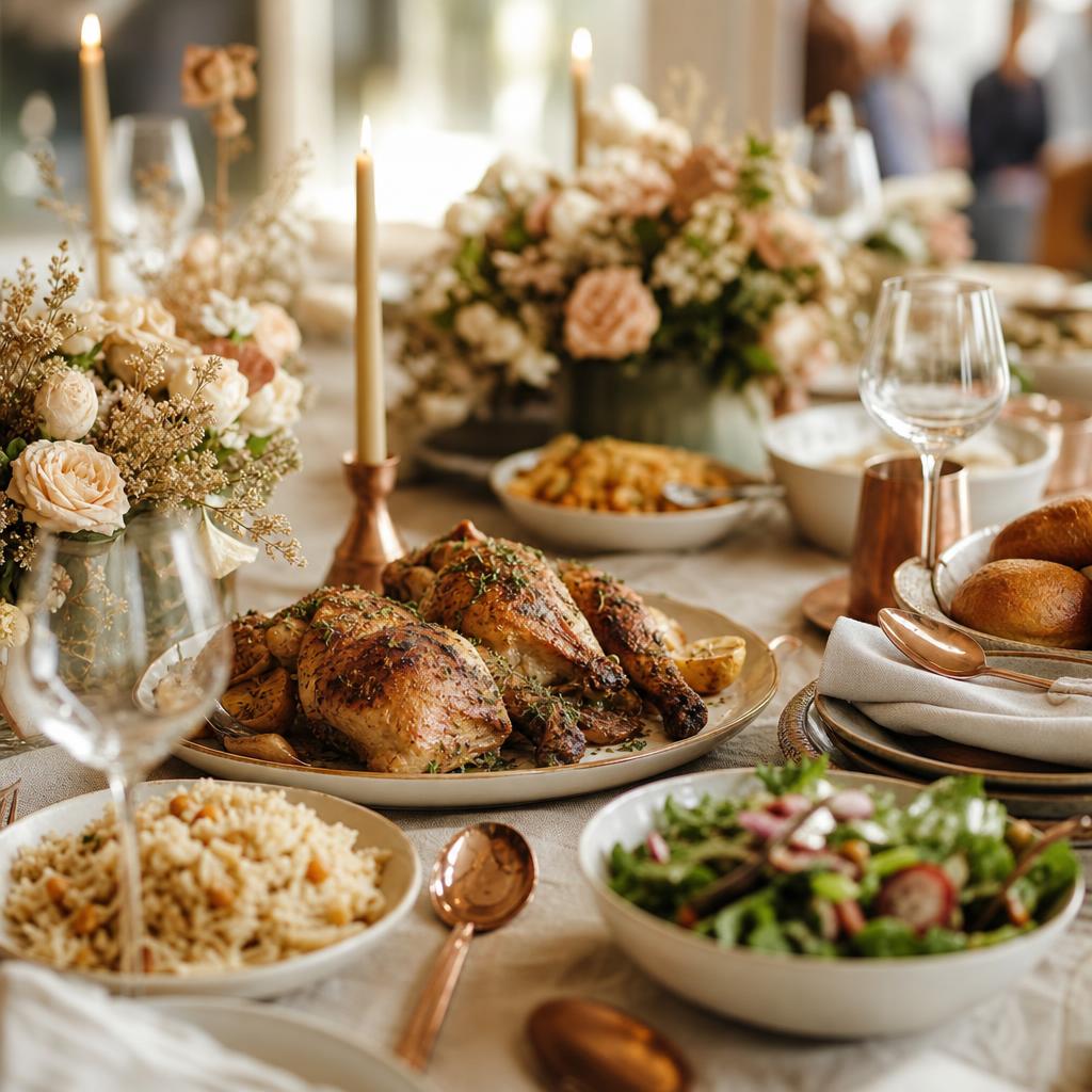 Celebration table with cream linen, sharing platters of roast chicken, rice and salad, flowers and copper candle holders