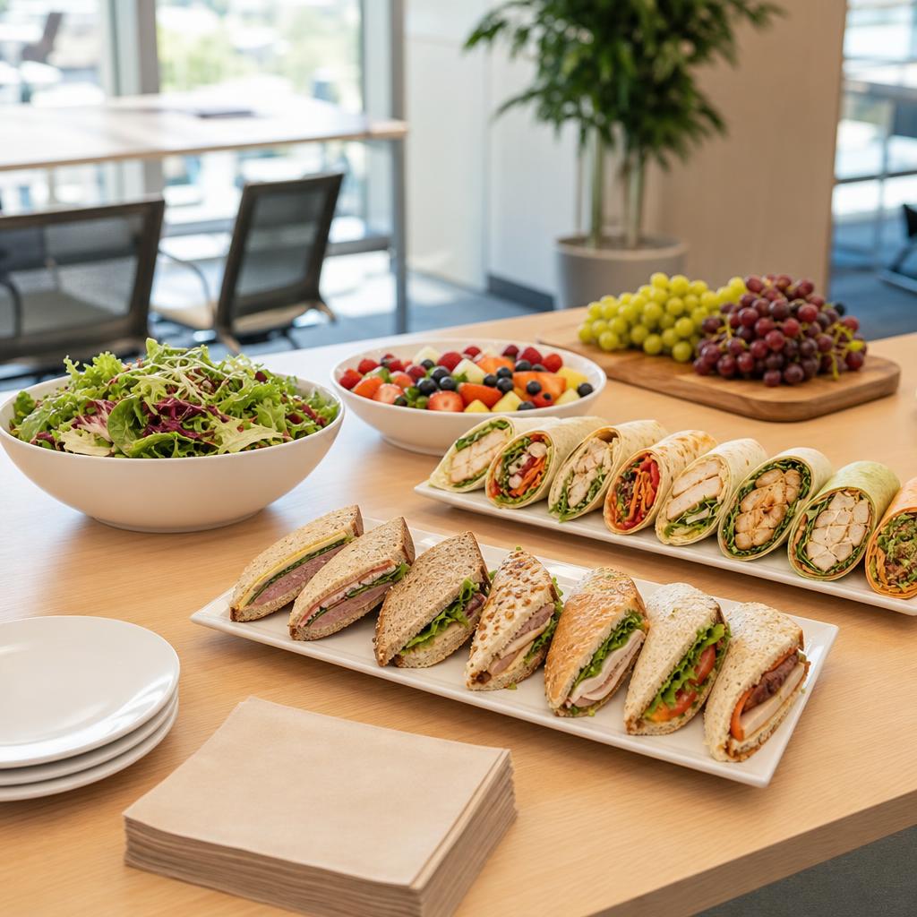 Meeting-table platters of assorted sandwiches and wraps with fresh salad and fruit in a bright office